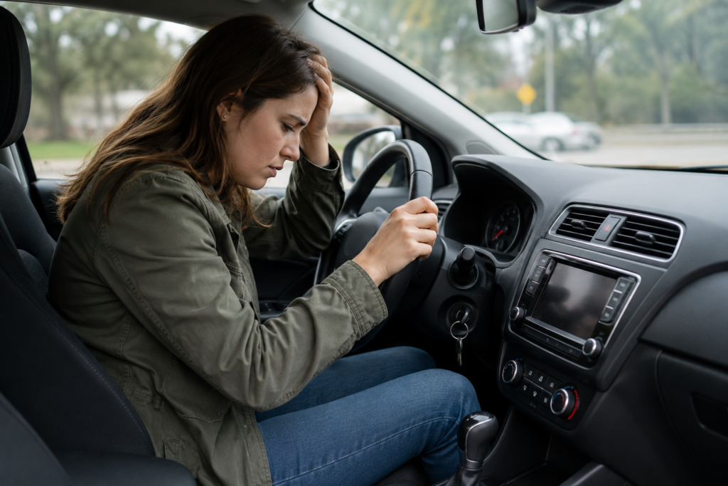 Car sharing and women driver worried 