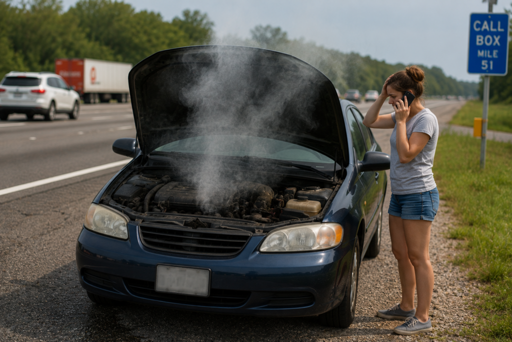 Car overheating on the side of the road